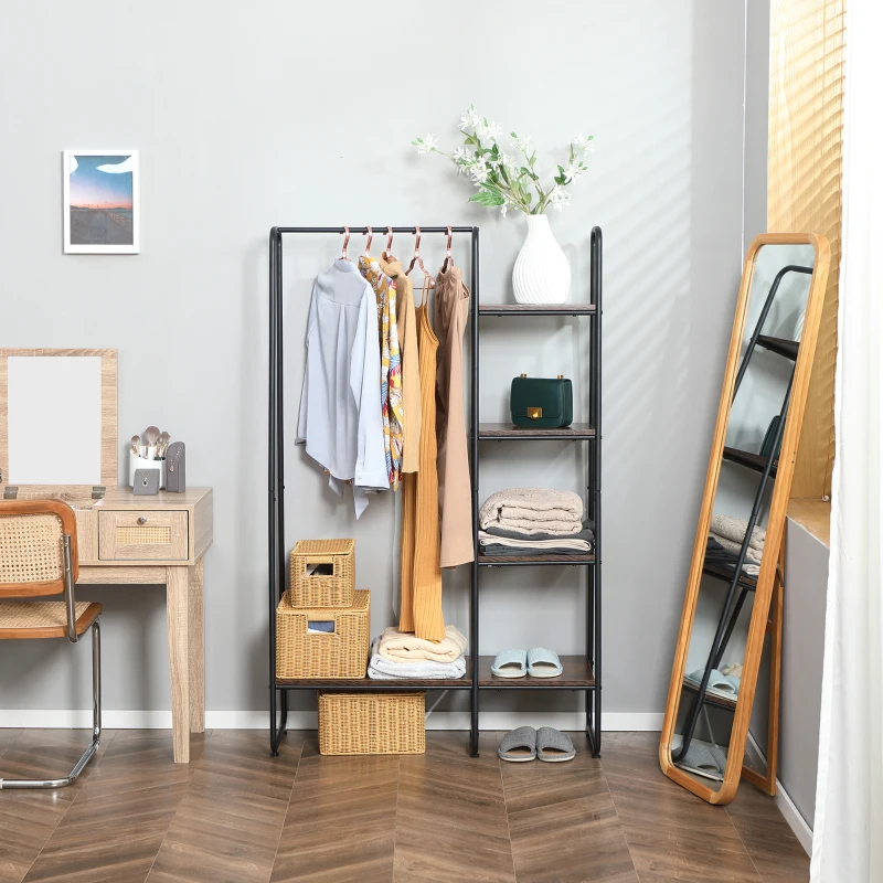 HOMCOM Perchero de Ropa de Madera con 4 Estantes y Barra para Colgar para Dormitorio Salón 101x39x160 cm Marrón Rústico