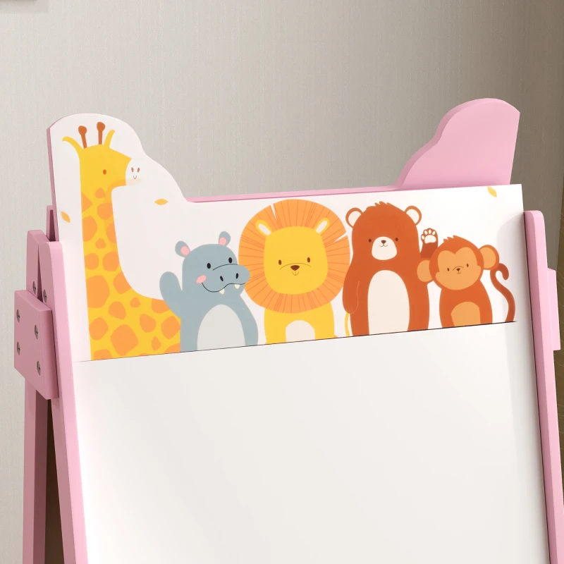AIYAPLAY Pizarra Infantil de Doble Cara con 2 Cajas de Tela Caballete de Pintura para Niños con Estampado de Animales Rosa