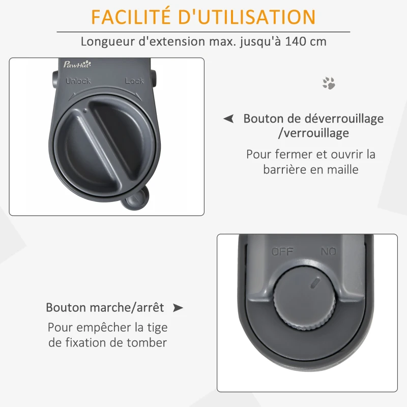 PawHut Barrière animaux rétractable automatique barrière de sécurité enroulable pour escaliers barrière extensible opération à une main dim. 1,4L x 0,88H m aluminium maille PVC gris