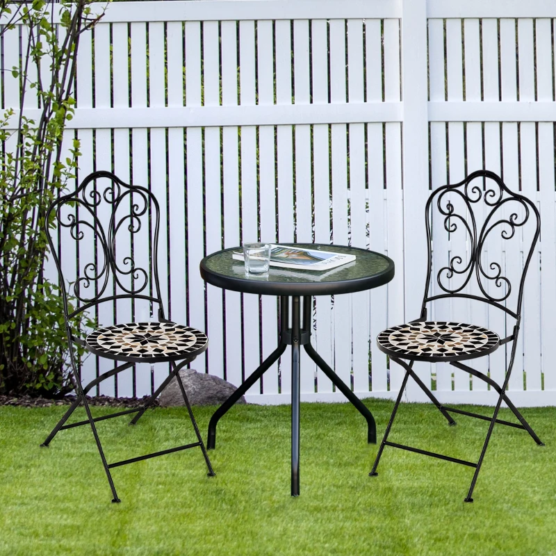 Outsunny Set de 2 Sillas de Jardín Plegables con Asiento de Mosaico Cerámico y Marco de Metal Carga 120 kg para Bistró Terraza Patio Exterior 40x50x92 cm Negro