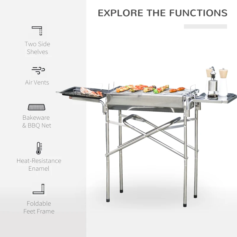 Outsunny Outdoor Folding BBQ Rectangular Stainless Steel Foldable Pedestal Charcoal Barbecue Grill - Silver