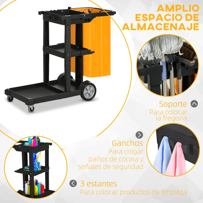 HOMCOM Carro de Limpieza con Bolsa con Ruedas y 3 Estantes Carro para Limpieza para Hotel 121x50,5x96,5 cm Negro y Amarillo