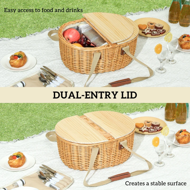 Outsunny Wicker Picnic Basket for 2 with Pine Wood Lid, Picnic Hamper with Cooler Compartment, Cutlery Service Kits, Carry Handle for Camping, Outdoor, Valentine Day, Chirtmas, Birthday, Light Brown