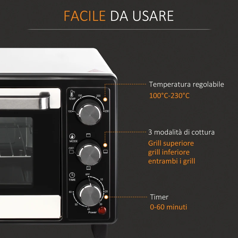 HOMCOM Fornetto Elettrico 16L Temperatura Regolabile e Timer, 3 Metodi di Cottura e Accessori, 1400W, Bianco