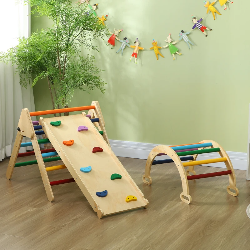 AIYAPLAY Triángulo de Escalada de Madera 5 en 1 con Rampa Escalador de Arco 178x64,5x63 cm Multicolor(m-9)