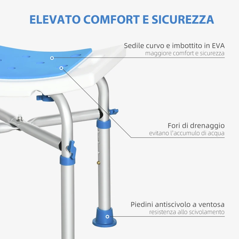 HOMCOM Sgabello per Doccia in Alluminio con Altezza Regolabile e Piedini Antiscivolo a Ventosa, Blu