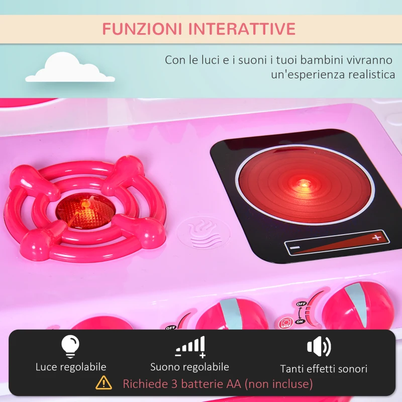HOMCOM Cucina Giocattolo per Bambini con 38 Accessori Inclusi, con Luci e Suoni Realistici, 78x29x87 cm, Rosa(m-4)
