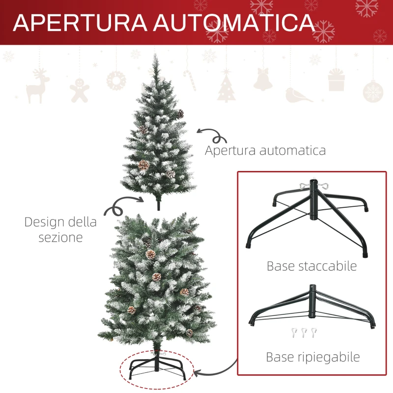HOMCOM Albero di Natale Innevato da 150 cm con 464 Rami e 28 Pigne in Plastica e Metallo, Verde e Bianco