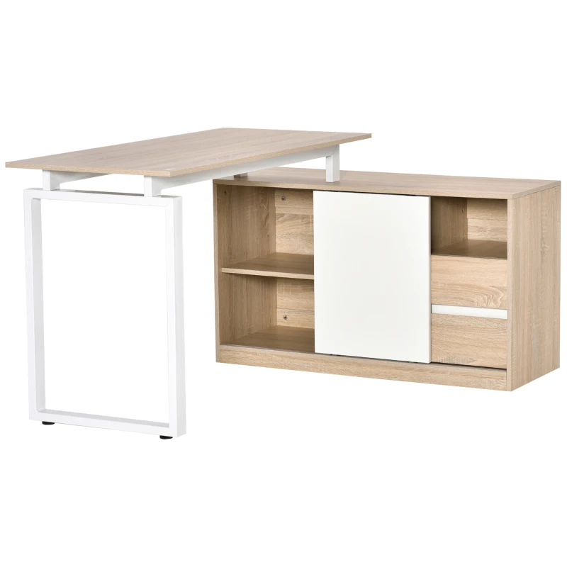 HOMCOM L-Shaped Home Office Computer Desk with Storage Shelf, Drawer, Corner PC Table Writing Workstation, Oak Beige White