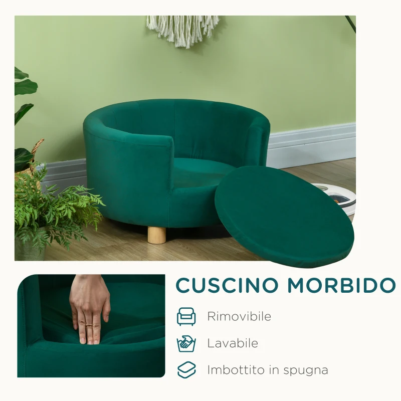 PawHut Divano per Cani Imbottito con Schienale e Cuscino Rimovibile, Cuccia per Gatto da Interno, 65x64x37 cm, Verde