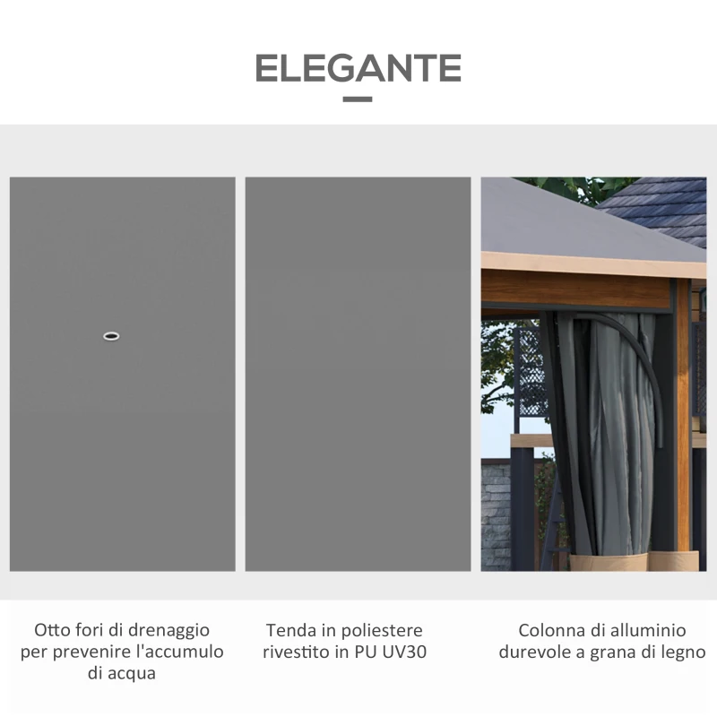 Outsunny Gazebo da Giardino 3x4 m con Zanzariera e Tende, Alluminio e Acciaio, Grigio e Marrone