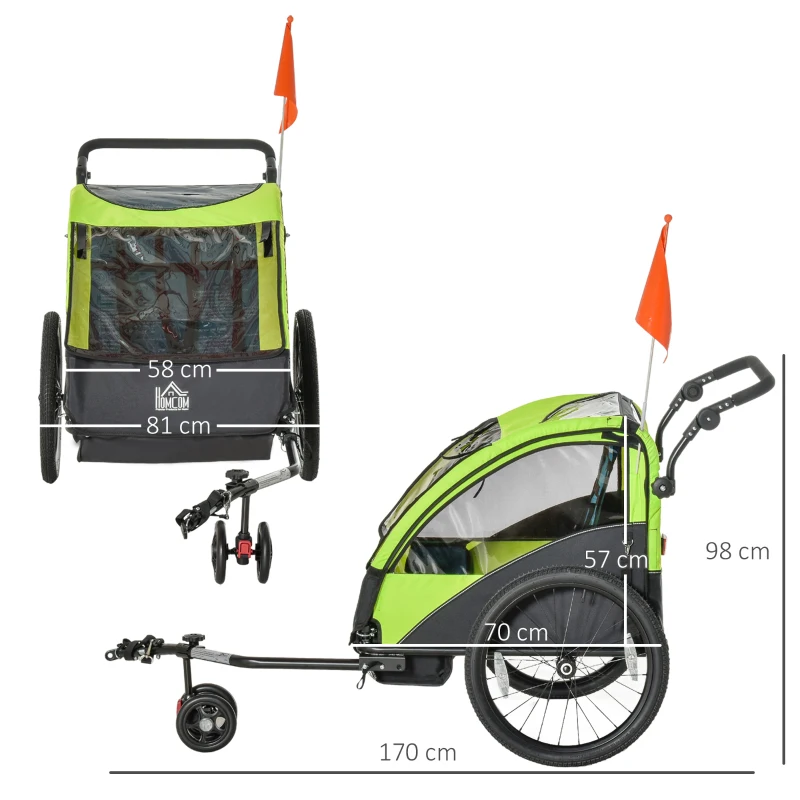 HOMCOM Bike Trailer 2 In1 Child Kids Stroller 2 Seater Carrier with Adjustable Handlebar Hitch Coupler Green