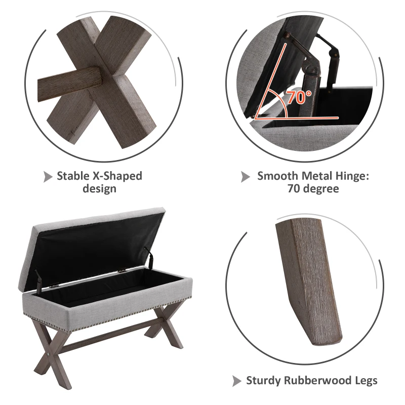 HOMCOM Elegant Storage Stool Ottoman Bentwood Frame Sponge Top w/ Metal Studding Foot Rest  Home Hallway Entryway Furniture Unit - Grey