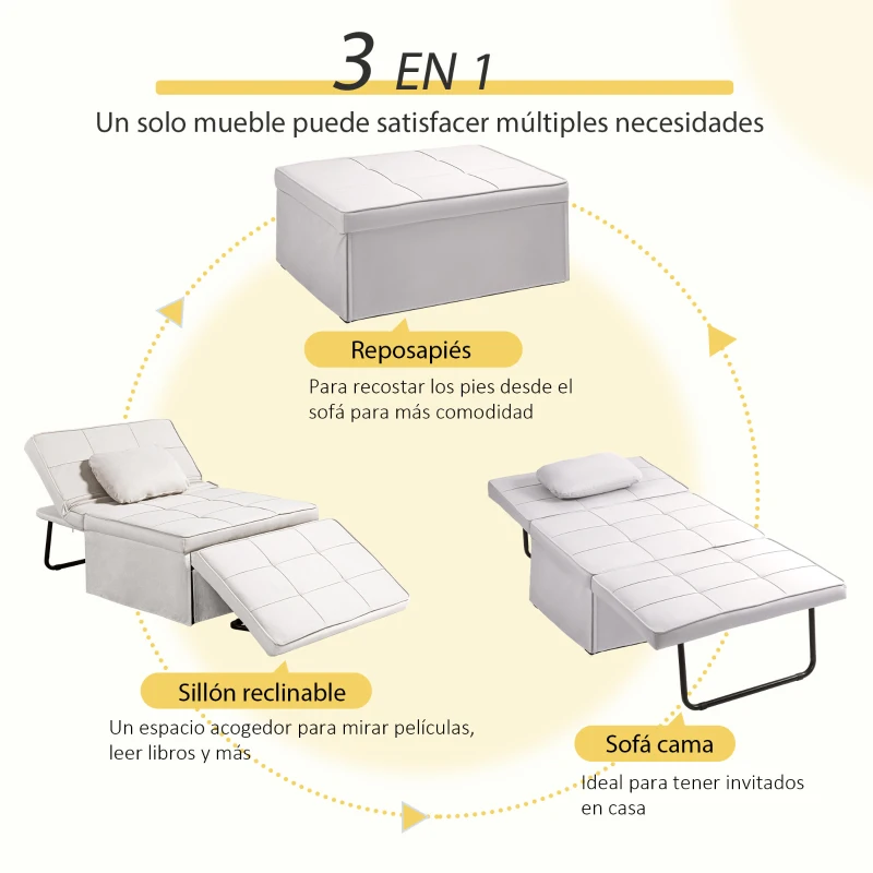 HOMCOM Sofá Cama de 1 Plaza Tapizado en Lino con Respaldo Ajustable en 5 Posiciones Reposapiés y Reposacabezas Crema