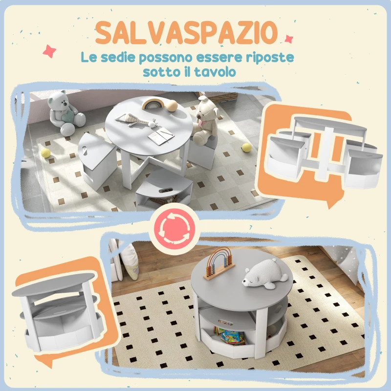 AIYAPLAY Set con Tavolo per Bambini e 4 Sgabelli Salvaspazio con Vano Contenitore in Legno, Grigio