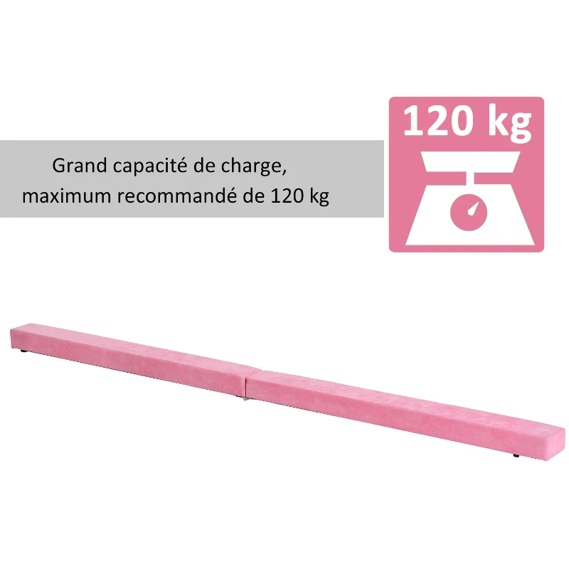 HOMCOM Poutre de gymnastique pliable poutre d'équilibre antidérapante 2,4 m revêtement daim rose