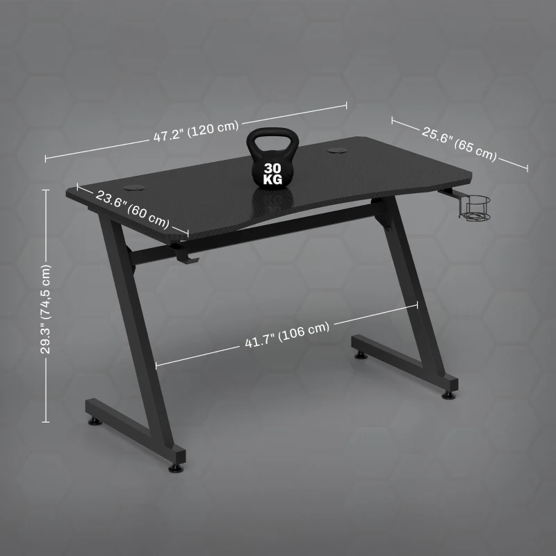 HOMCOM Mesa Gaming 120x65x74,5 cm Escritorio Ergonómico Gaming desk para Computadora PC con Portavasos Gancho para Auriculares y Pies Ajustables Efecto de Fibra de Carbono Negro