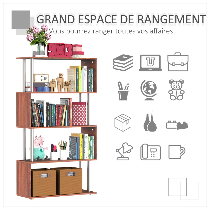 HOMCOM Bibliothèque étagère Design Contemporain en S 4 Niveaux 80L x 30l x 145H cm Coloris Noyer