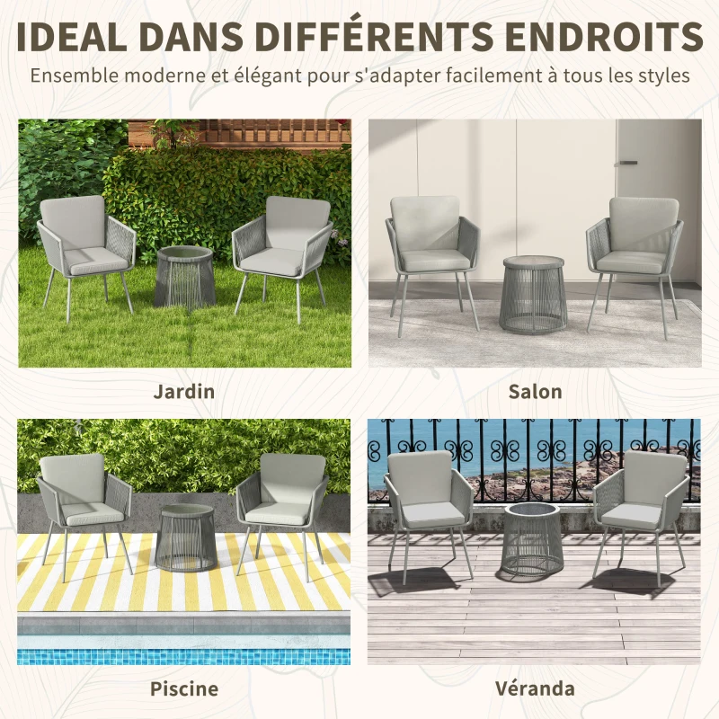 Outsunny Ensemble salon de jardin 3 pièces style colonial 2 fauteuils avec coussins gris table basse résine filaire acier époxy