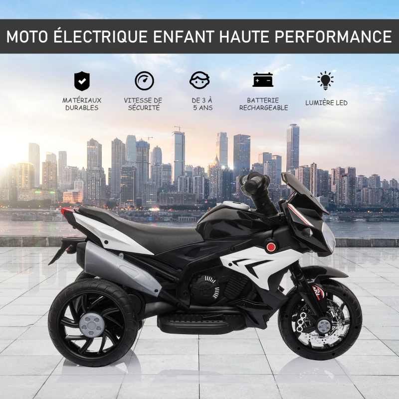 HOMCOM Moto électrique pour enfants, 3 roues, 6 V et 3 km/h, design cool, moto électrique avec klaxon et musiques, voiture électrique enfants de 3 à 5 ans, noir(m-4)