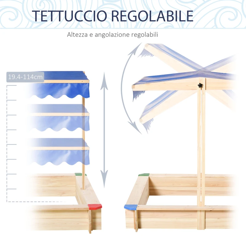 Outsunny Sabbiera per Bambini in Legno con Panca e Tettuccio Parasole Regolabile, 120x120x120cm, Colore Legno e Blu