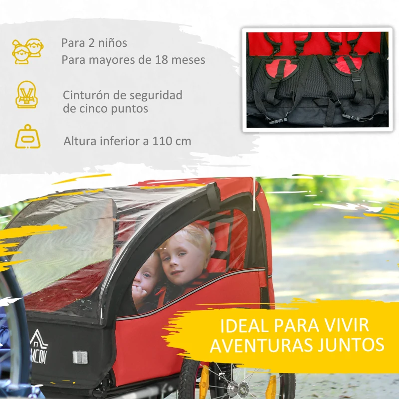 HOMCOM Remolque de Bicicleta para Niños +18 Meses con Cinturón de Seguridad Sistema de Amortiguador 140x88x90 cm Rojo