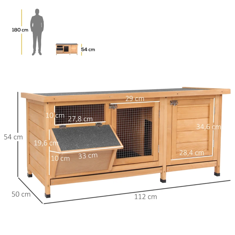 PawHut Clapier sur pied cage à lapin avec toit bitumé ouvrant 2 portes verrouillables 2 tiroirs à déjection coulissants mangeoire bois de sapin traité dim. 112L x 50l x 54H cm bois naturel et noir