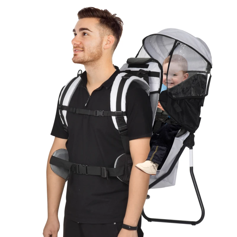 HOMCOM Zaino Porta Bimbo per Trekking, Pieghevole, Impermeabile e con Tettuccio Rimovibile 38x77x87.5cm, Grigio