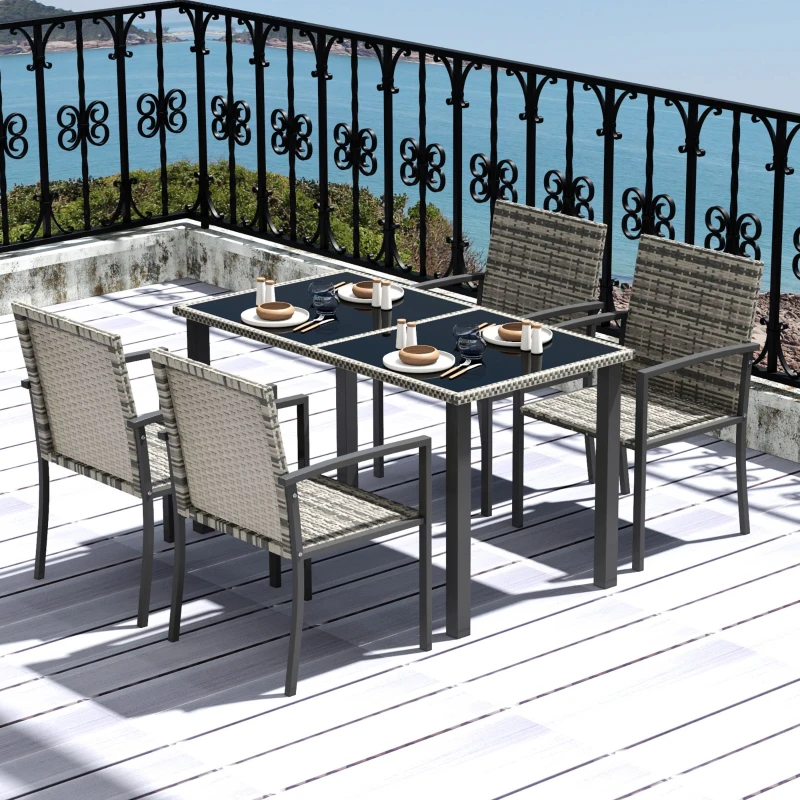 Outsunny Outdoor Dining Set 5 Pieces Patio Conservatory with Tempered Glass Tabletop,4 Dining Chairs - Mixed Grey