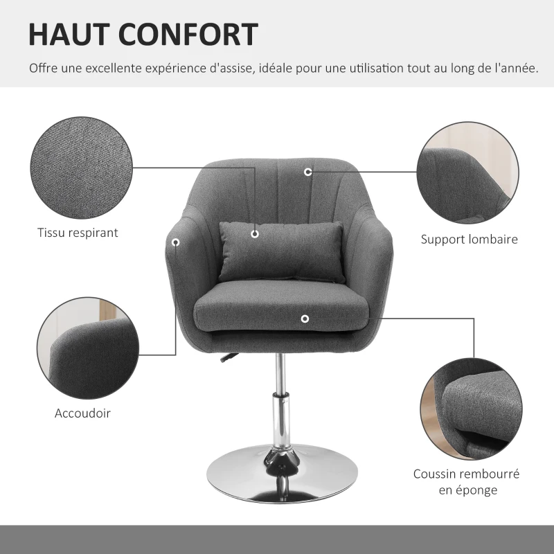 HOMCOM Fauteuil de salon Grand Confort Coussins lombaires Hauteur réglable pivotant 360° piètement métal chromé Lin Gris