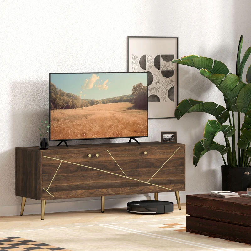 HOMCOM Meuble TV meuble télé bois pour téléviseur jusqu'à 60 pouces avec placards étagères pieds acier 130 x 40 x 52 cm marron