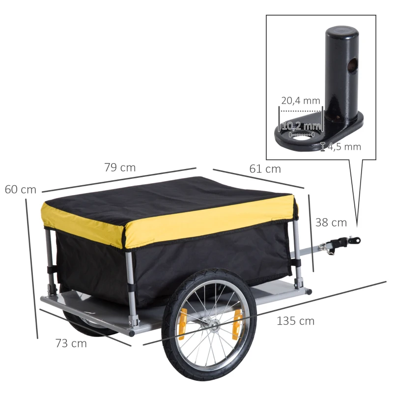 HOMCOM Remorque de transport vélo cargo capacité 70 L barre d'attelage incluse housse amovible 4 réflecteurs charge max. 40 Kg noir jaune