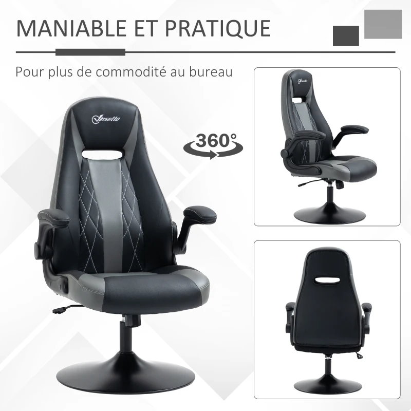 Vinsetto Chaise de gaming ergonomique avec base ronde métal pivotante 360° hauteur réglable têtière accoudoirs relevables PVC gris noir