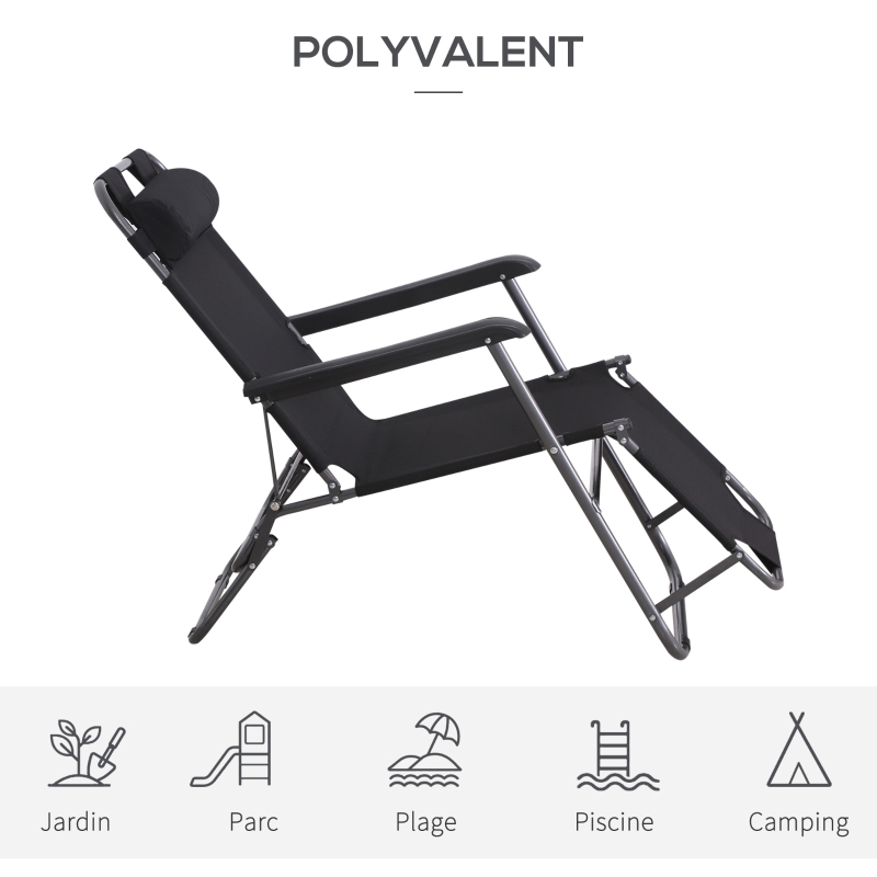 Outsunny Chaise Longue inclinable transat Bain de Soleil fauteuil relax jardin 2 en 1 Pliant têtière Amovible Charge Max. 136 Kg Toile Oxford Facile d'entretien Noir