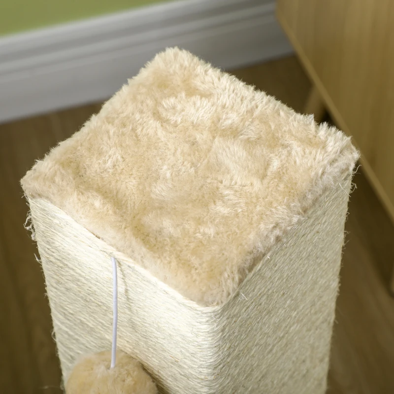 PawHut Poteau à gratter pour chat griffoir pour chat balle avec clochette 2 brosses de toilettage 59,5 x 39 x 79 cm beige crème