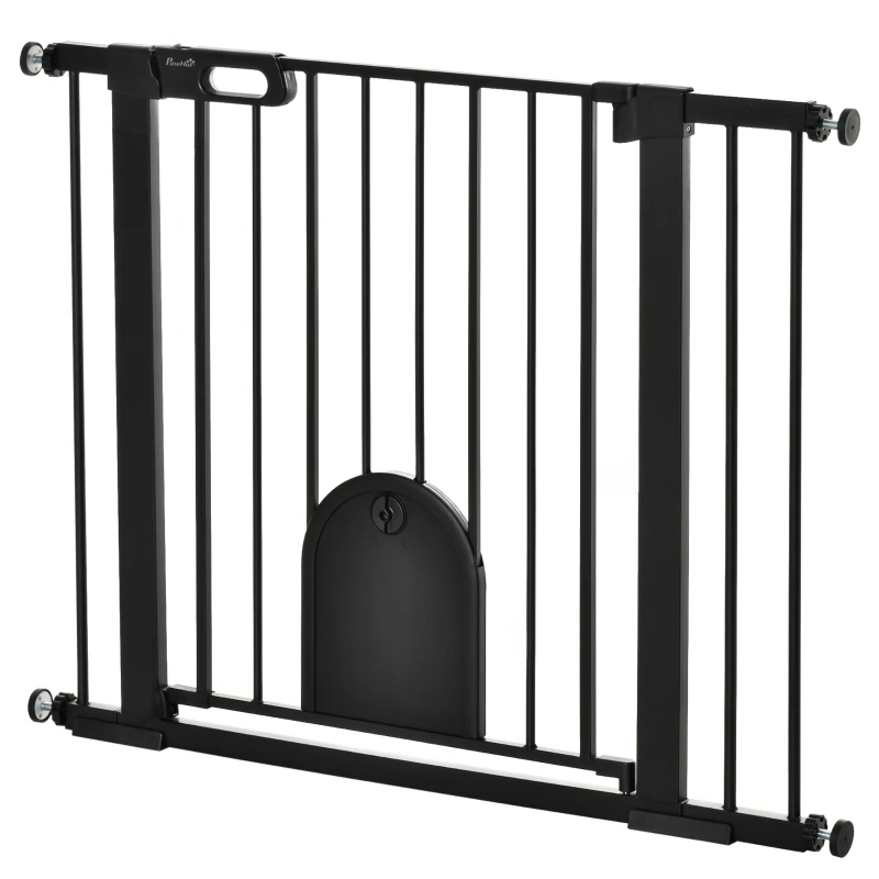 PawHut Dog Gate with Cat Flap Pet Safety Gate Barrier, Stair Pressure Fit, Auto Close, Double Locking, for Doorways, Hallways, 75-103 cm Black