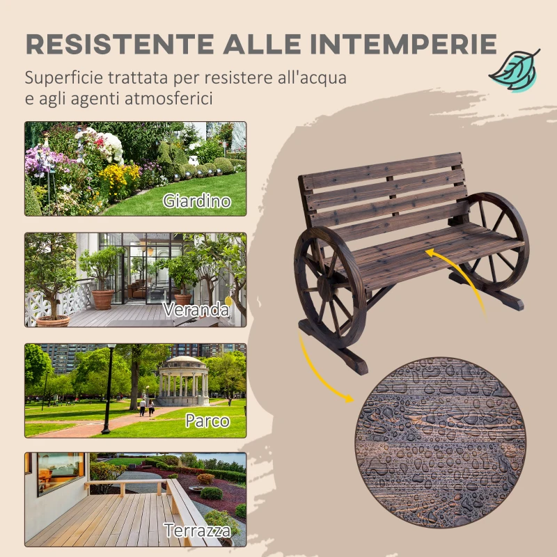 Outsunny Panchina da Esterno a 2 Posti , Panchina da Giardino Stile Country con Braccioli a Ruota in Legno, 105.5x59x75cm Marrone