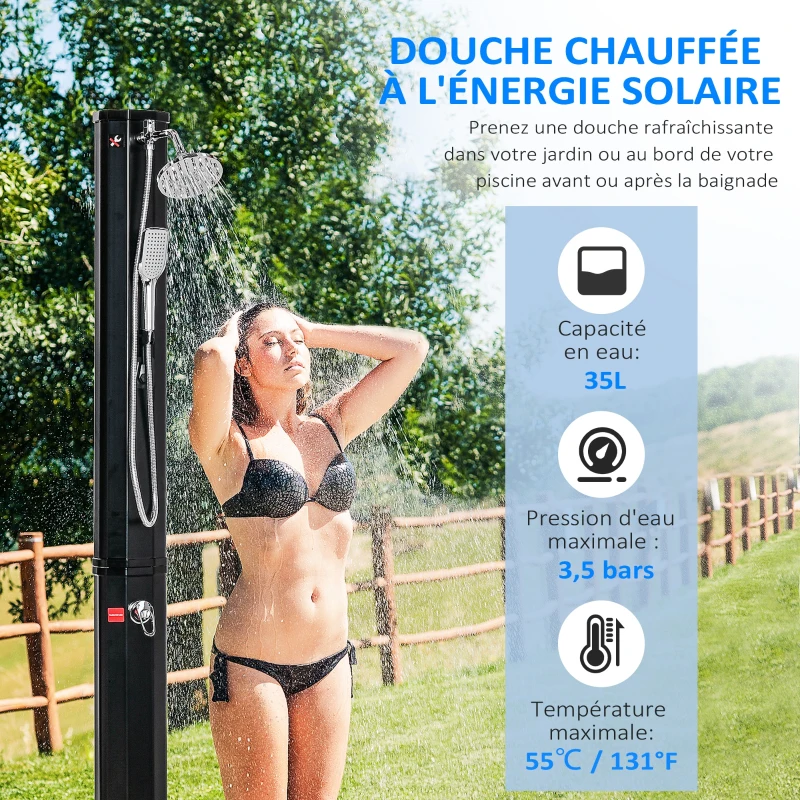 Outsunny Douche solaire d'extérieur réservoir 35L pression max. 3,5 bar, mitigeur, grand pommeau, douchette, robinet à pieds