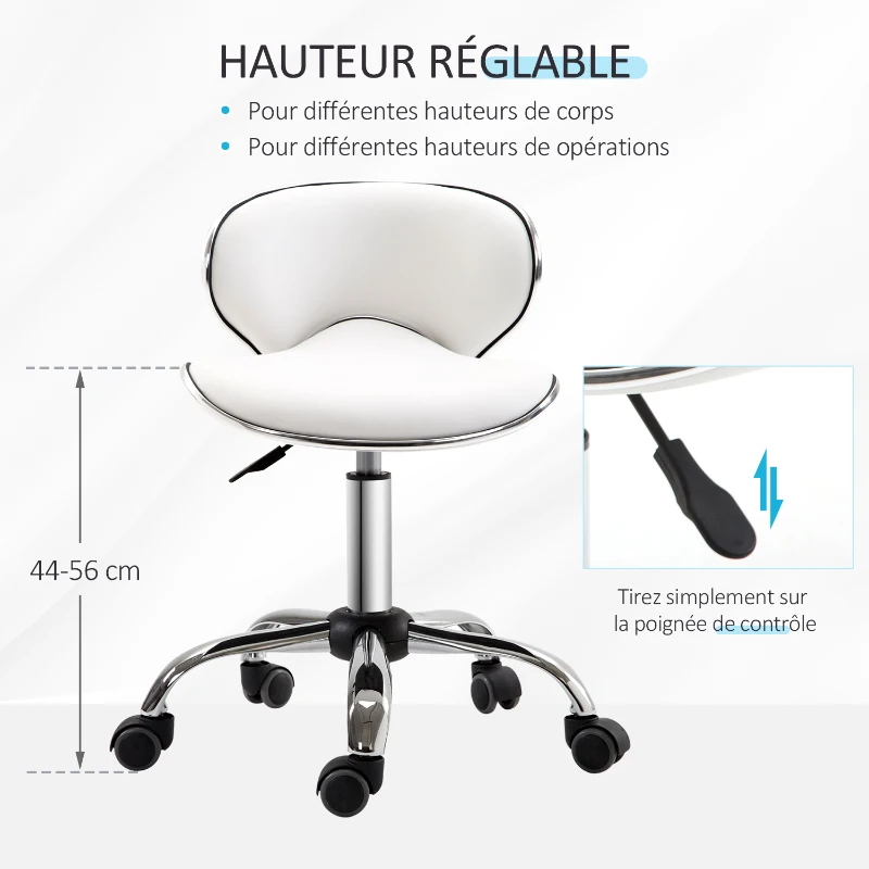 HOMCOM Tabouret à roulettes tabouret de travail avec hauteur réglable 44-56 cm et dossier, pivotant 360°, blanc