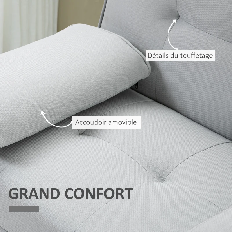 HOMCOM Canapé convertible 3 places, canapé-lit rembourré avec dossier réglable 3 niveaux, 2 coussins et 2 porte-gobelets intégrés, tissu de lin, pour salon, chambre d'amis, petit espace, gris clair