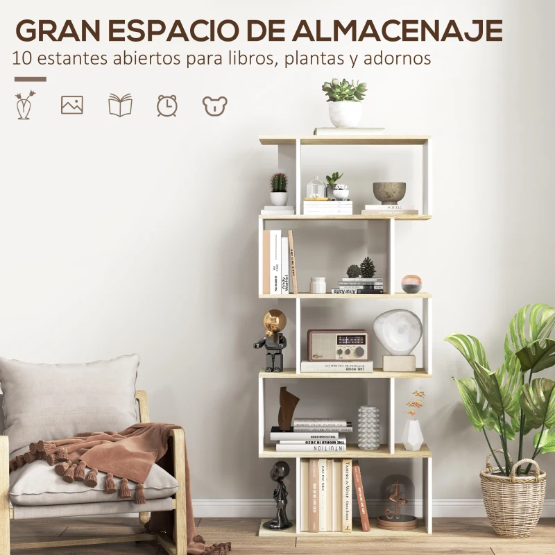 HOMCOM Estantería Estilo Nórdico Librería con 5 Estantes Antivuelco Carga 25 kg 70x29,5x163 cm Roble y Blanco
