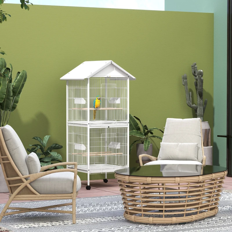 PawHut Budgie Cage with Rolling Stand, Perches, Wheels, Large Parrot Cage for Finch, Canary, Budgie, Cockatiel, White