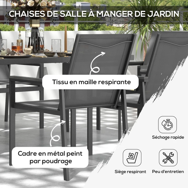 Outsunny Salon de jardin 7 pièces avec 1 table à manger et 6 chaises - plateau en verre trempé effet grain de bois, gris
