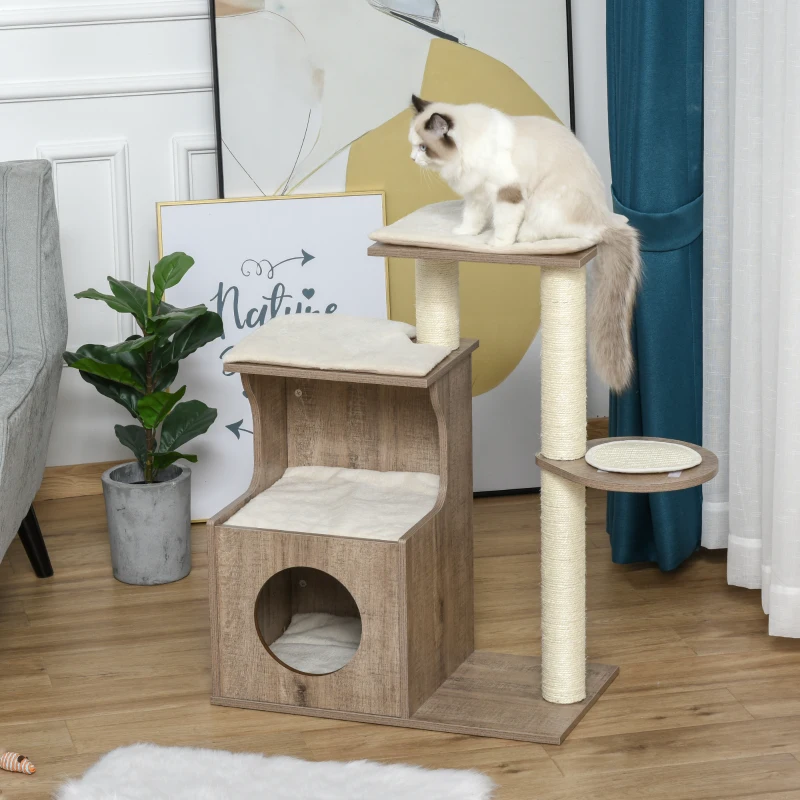 PawHut Albero Tiragraffi per Gatti Adulti, Castello per Gatti con Cuccia Casetta in Legno, Pali in Corda Sisal e Cuscini Rimovibili, Color caffè chiaro, 66x38x88cm