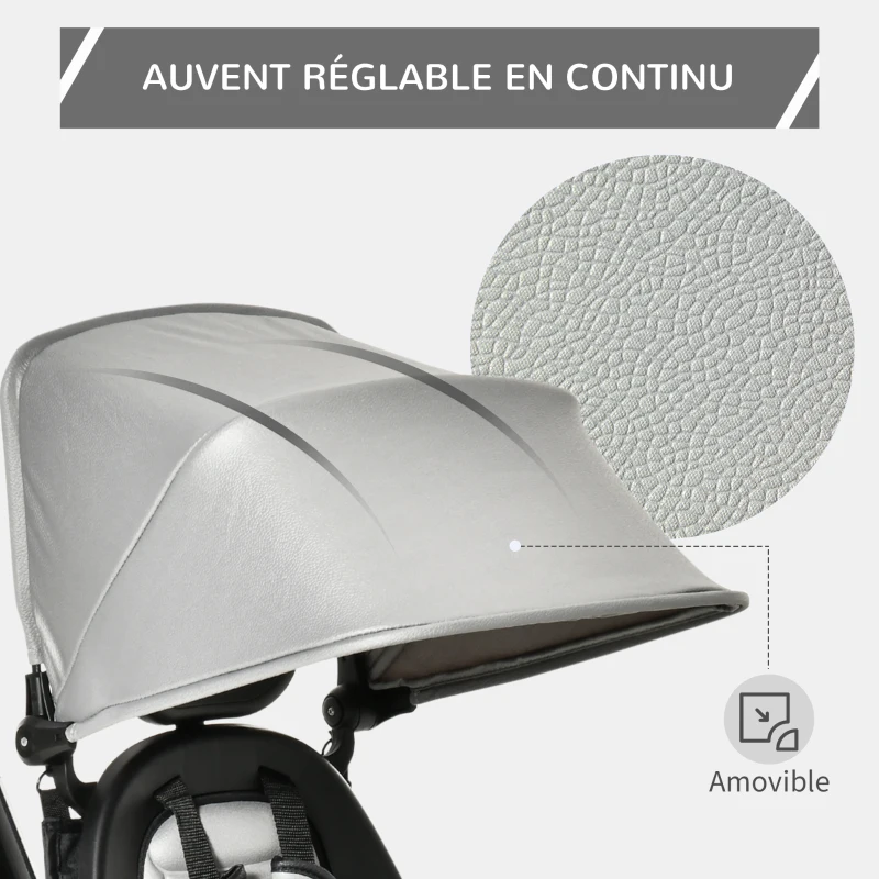 HOMCOM Tricycle Enfant évolutif Pliable - Pare-Soleil, Canne télescopique Amovible - siège pivotant, Harnais, Arceau sécurité - Repose-Pied - 3 paniers Rangement - métal PP Gris Noir