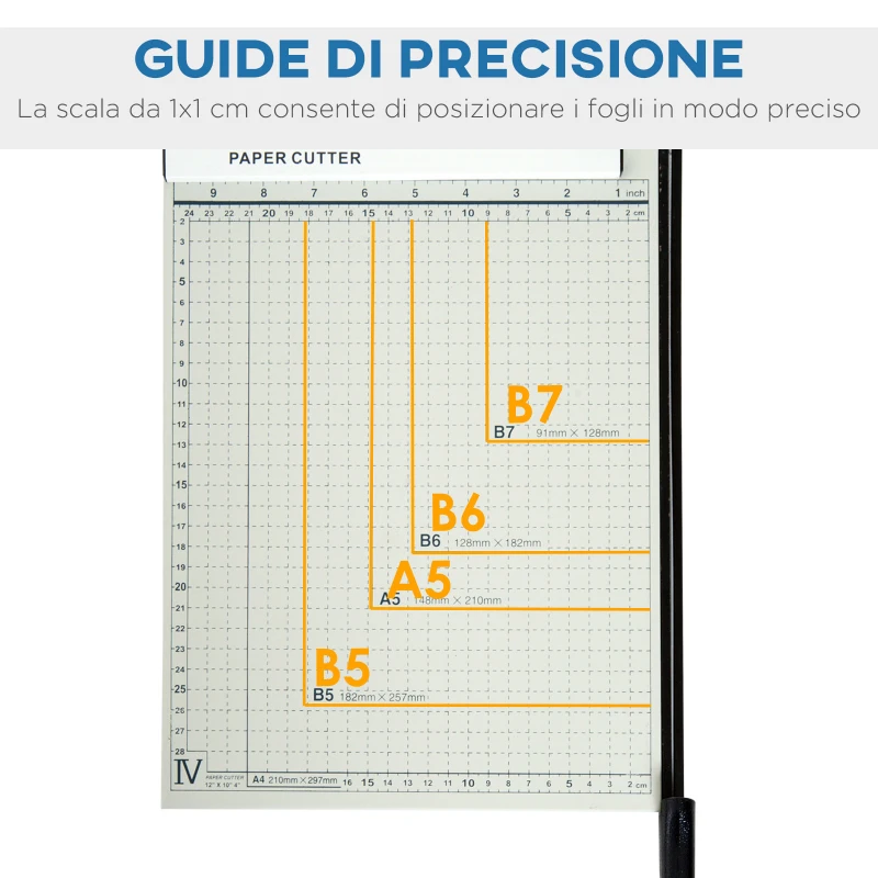 HOMCOM Tagliacarte per 12 Fogli max con Griglia e Stampa Metrica, in Metallo e ABS, 48x26.5x5 cm, Bianco e Nero