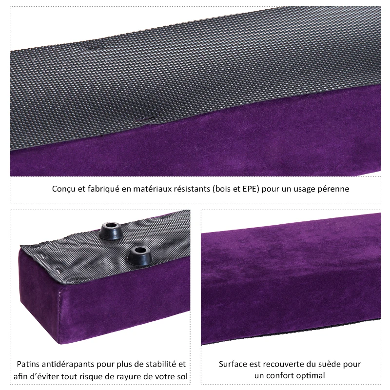 HOMCOM Poutre de gymnastique pliable poutre d'équilibre antidérapante 2,4 m revêtement daim violet