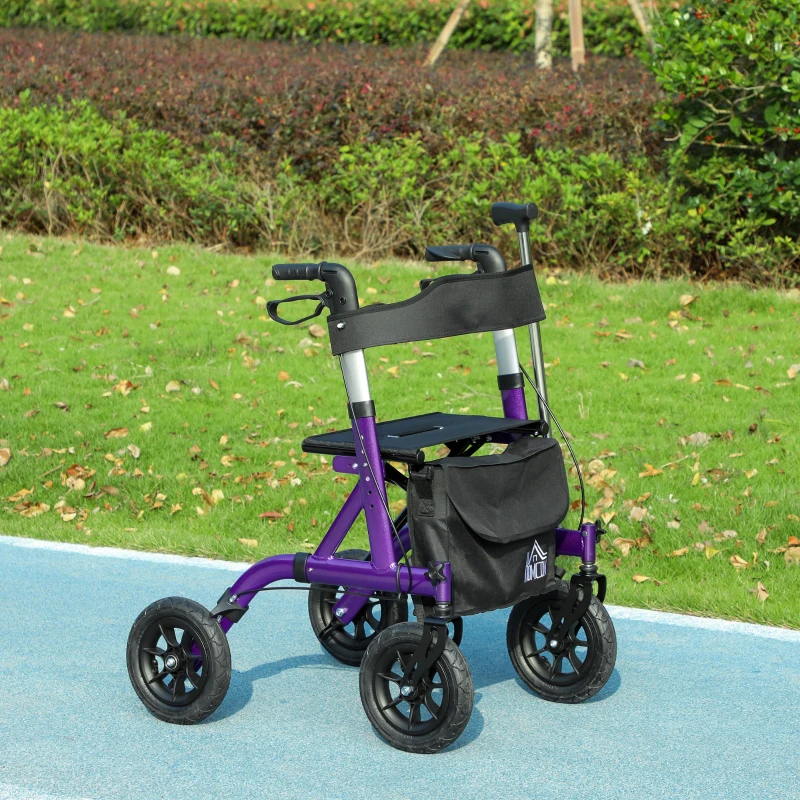HOMCOM Folding Rollator Walker with Seat, Backrest, Lightweight Walking Frame with Storage Bag, Dual Brakes, All-terrain Wheels, Adjustable Handle Height, 4 Wheeled Walker for Seniors, Purple