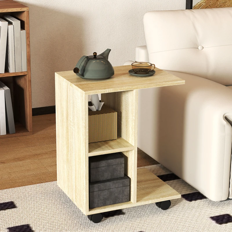 HOMCOM C-Shape End Table Unique Storage Unit w/ 2 Shelves 4 Wheels Freestanding Home Office Furniture Cabinet Square Studio Natural