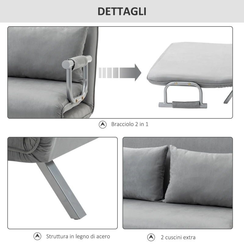 HOMCOM Divano Letto Singolo in Finta Pelle con Seduta Regolabile in 5 Posizioni, 105x80x78 cm, Grigio Chiaro